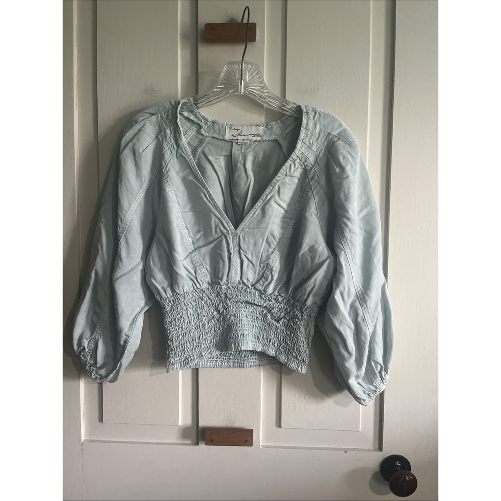 Womens Smocked Waist V-Neck Balloon Sleeve Crop Top Denim Drab Small Festival
